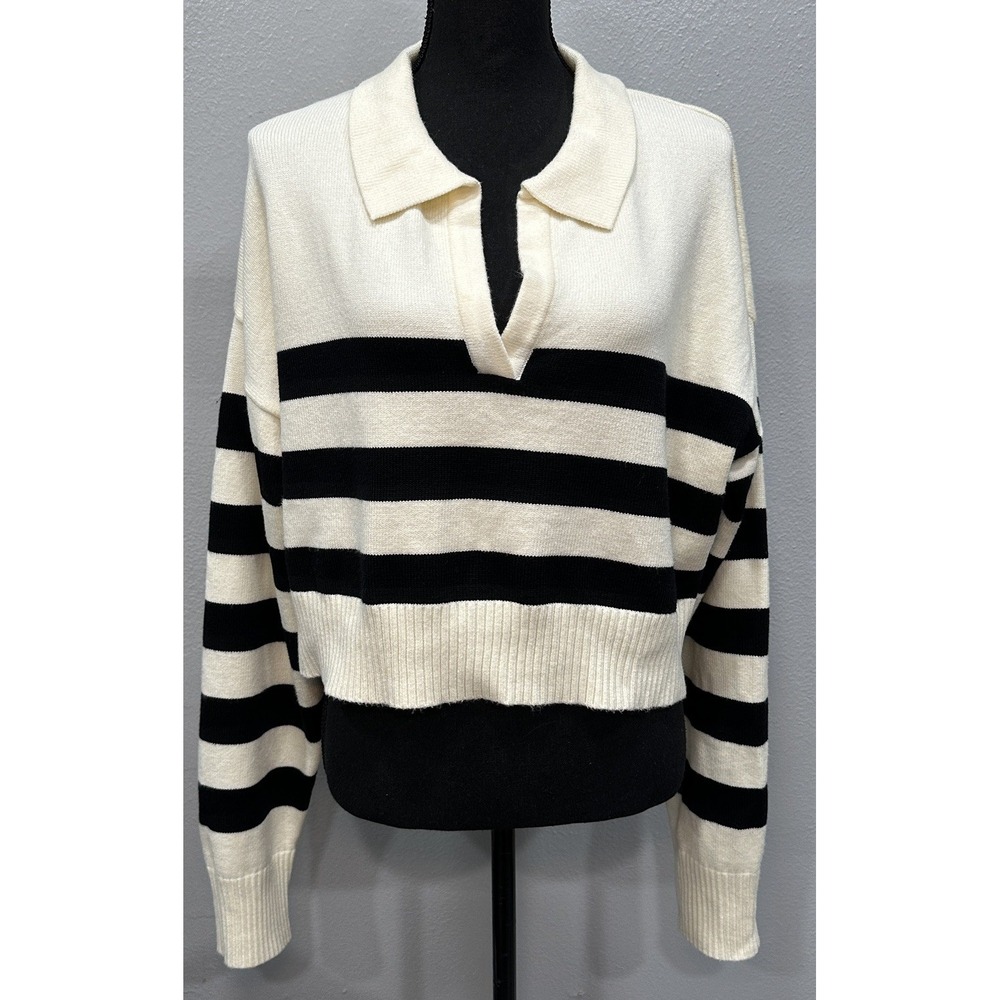 American Threads Cropped Sweater Womens Size Large Ivory Black Stripes Pull Over